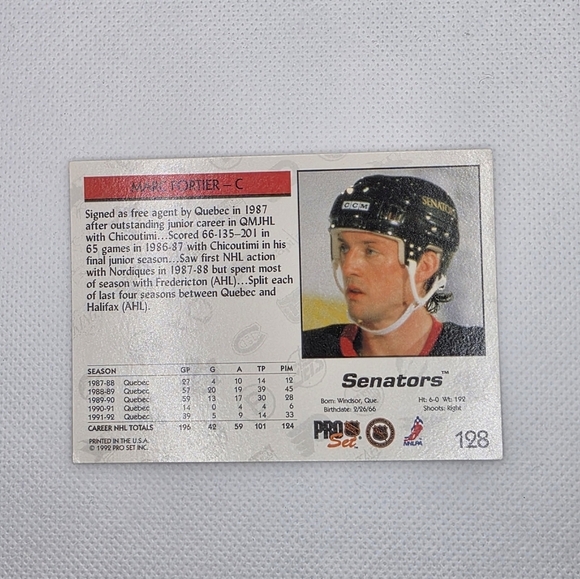 NHL 1992-93 Marc Fortier Senators #128 Pro Set Hockey Card - Picture 3 of 4